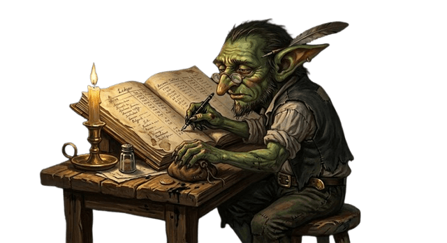 A goblin bookkeeper tallying the costs